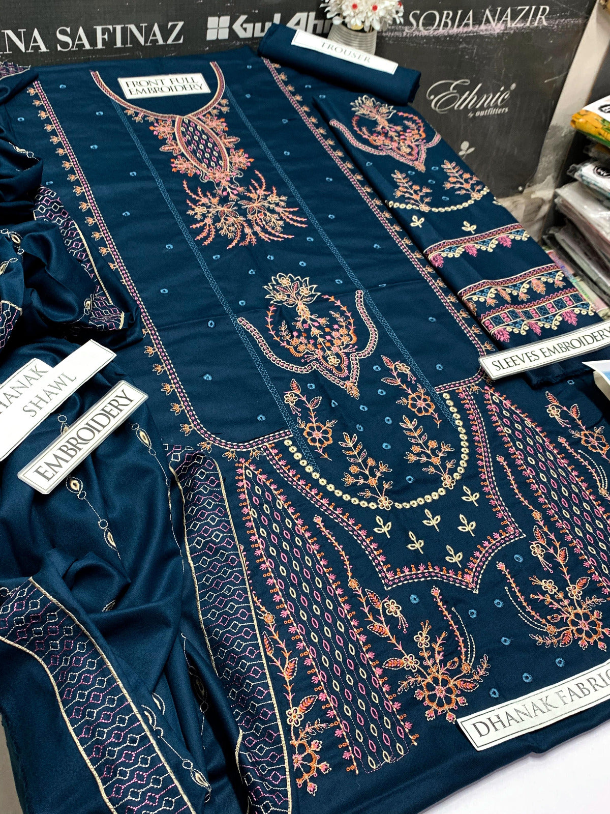 DFW-891 Qalamkar Heavy Embroidery 3PC Dhanak Suit